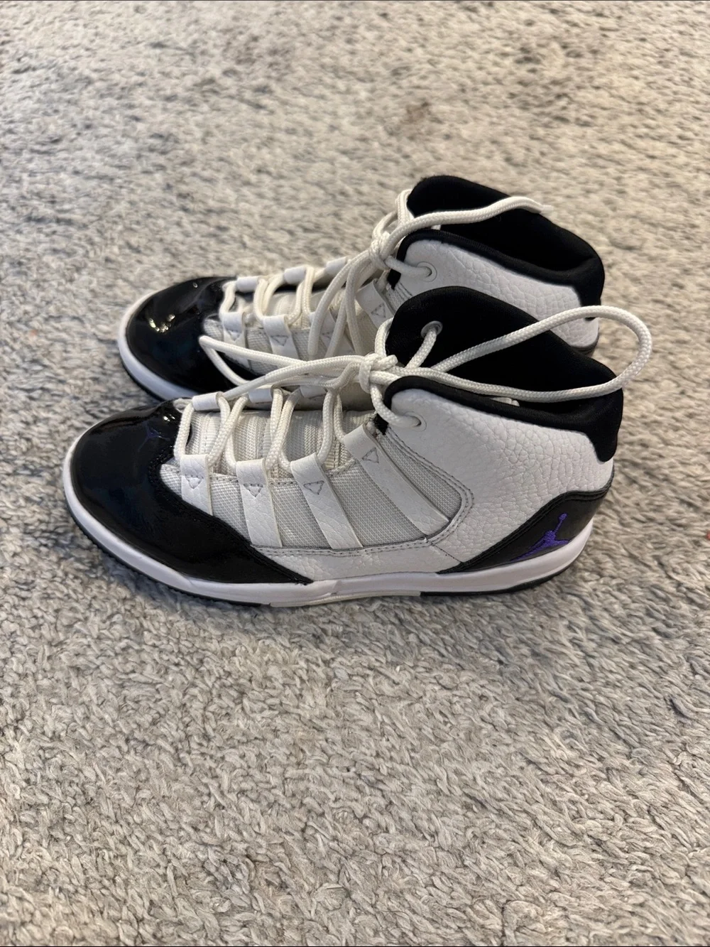 Jordan Kids White and Black Sneakers with Purple Jumpman size 12C